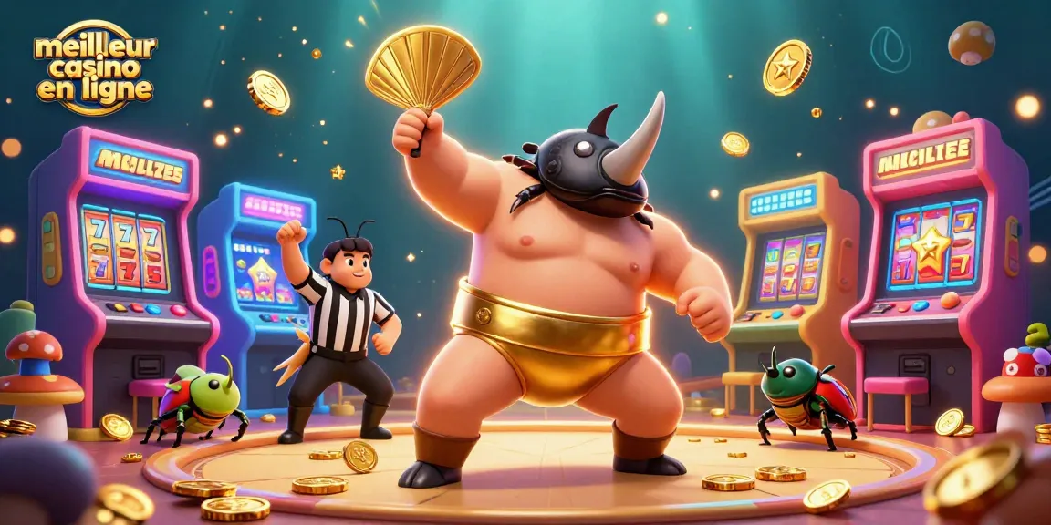 Jouez au meilleur casino en ligne avec ce combat dynamique entre un rhinocéros sumo et un arbitre.