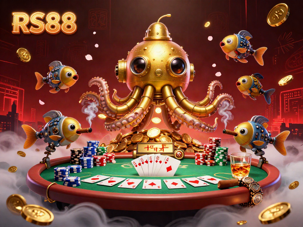 Join the excitement at RS88 with a thrilling underwater casino battle featuring a golden kraken and poker elements.
