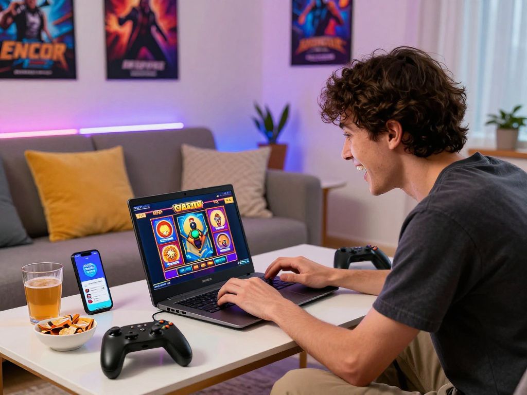 Player enjoying slot gacor games on laptop with vibrant atmosphere and snacks.
