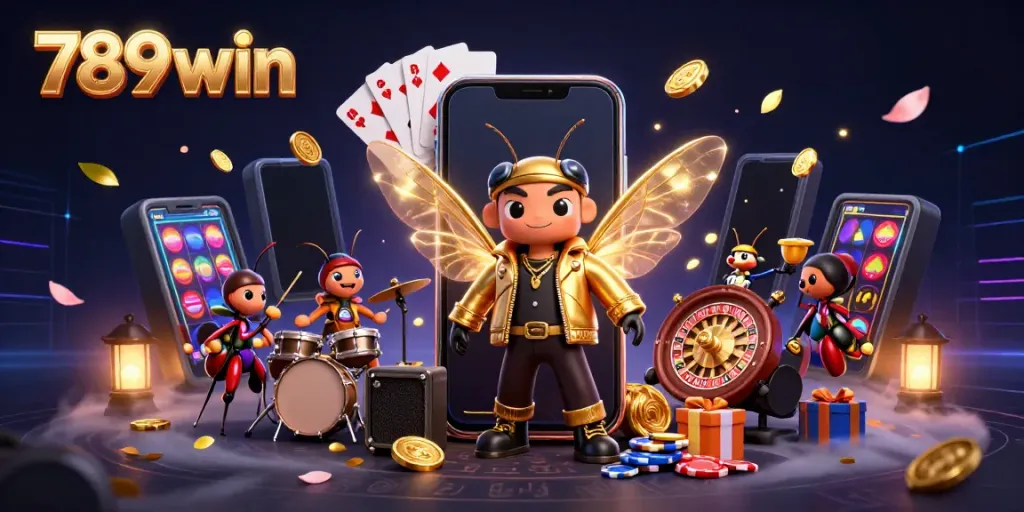 Engaging illustration of 789win casino with dynamic characters and vibrant game elements