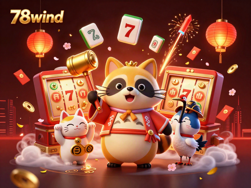 Engage in thrilling casino games at 78wind featuring joyful raccoon, lucky symbols, and vibrant colors.
