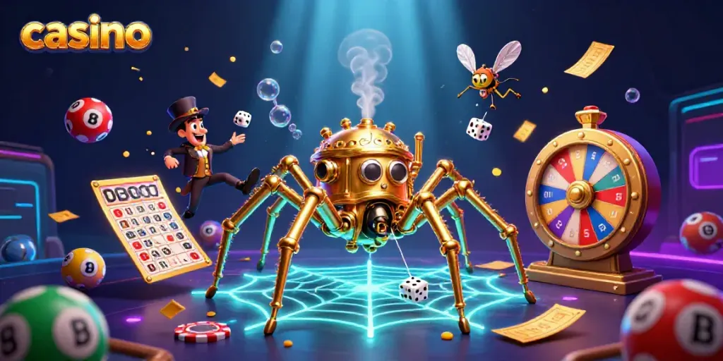 Experience excitement in a vibrant casino scene featuring a steampunk golden spider and a fly gentleman.