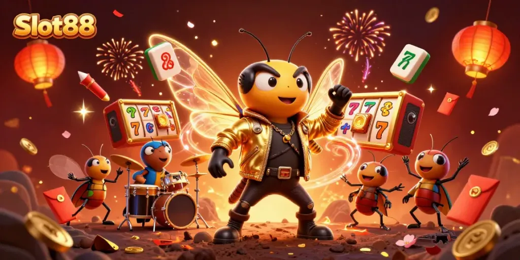 Experience the excitement of Slot88 with vibrant characters and rich casino elements in an energetic celebration.