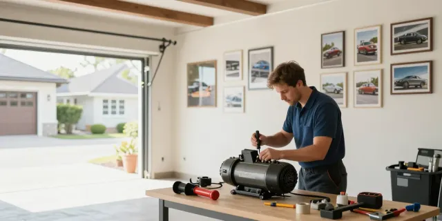 Technician conducting roller door motor repair in a bright garage.