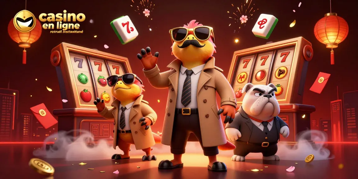 Célébrez le casino en ligne retrait instantané avec trois raptors comiques en manteau devant un casino, entourés d'éléments de jeu.
