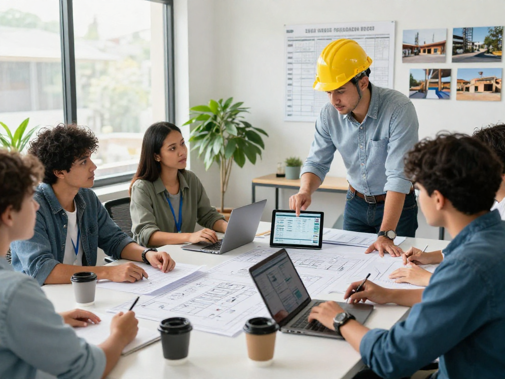 Contractor lead generation meeting scene with diverse professionals strategizing in a bright office