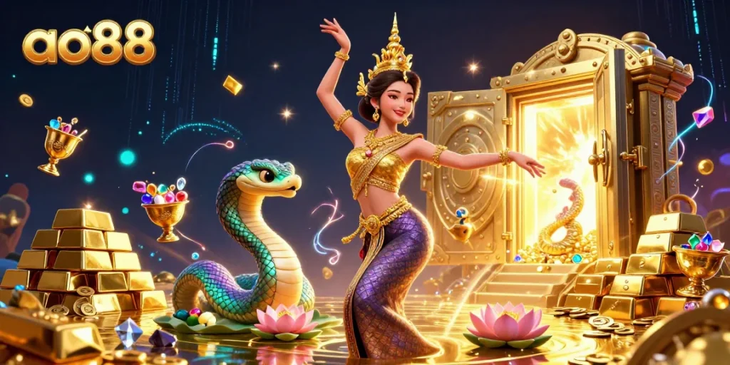 Join the excitement of ao88 as a beautiful Thai dancer and rainbow Naga serpent celebrate riches in a vibrant casino.