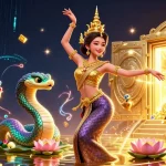 Join the excitement of ao88 as a beautiful Thai dancer and rainbow Naga serpent celebrate riches in a vibrant casino.