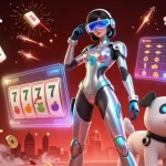 Play the lode slots with vibrant 3D graphics showcasing a futuristic woman, robot dog, and dazzling casino elements.