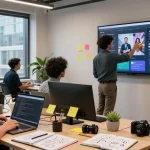 Collaborative tech workspace illustrating developers using an AI image generator with screens and coding tools.