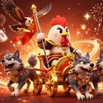 Experience the thrill of ht368 with a vibrant 3D illustration of a rooster warlord and dynamic casino elements.