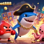 Engage with the keonhacaibet888 interactive gaming scene featuring a pirate shark, boxing pufferfish, and octopus with coins.