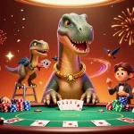 M88's exciting online casino featuring a giant brontosaurus and clever raptor dealer in a lively poker scene.