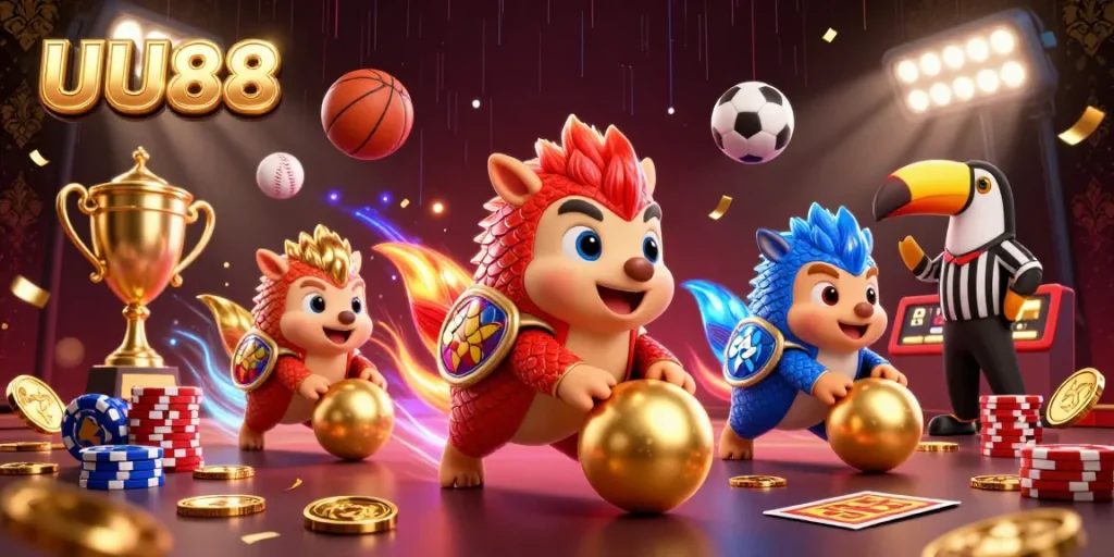Experience exhilarating gaming with UU88 featuring vibrant pangolins bowling through poker chips.