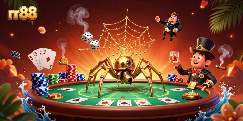 Engage with rr88's exciting gaming world featuring a steampunk spider and poker action.
