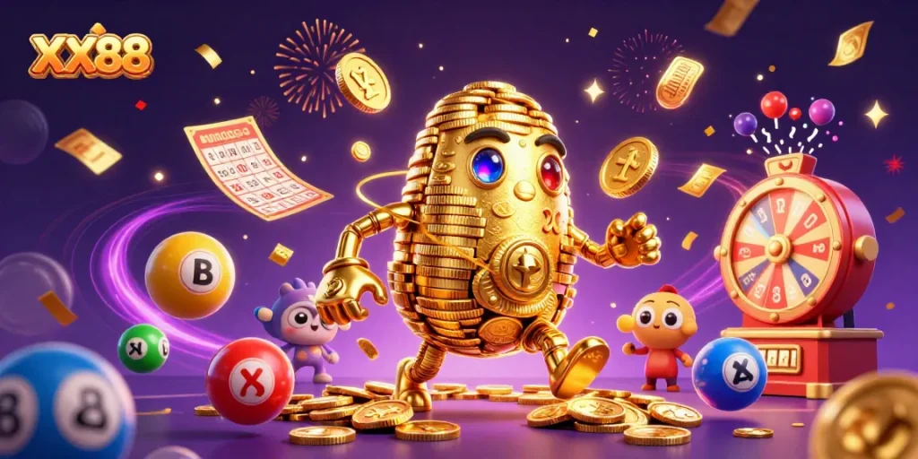 Experience thrilling excitement at XX88 with vibrant lottery elements and golden golem action.