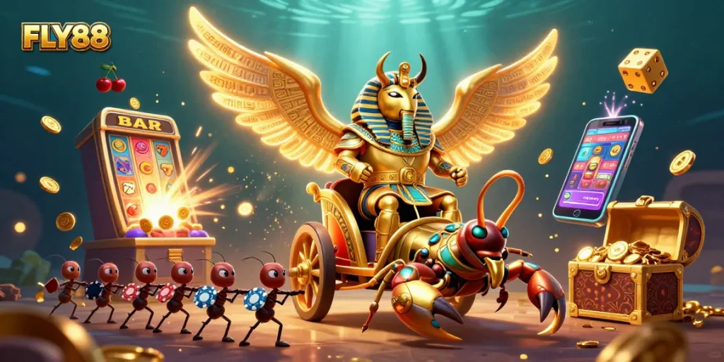 Experience exciting wins with FLY88’s vibrant casino adventures featuring cartoon characters and dynamic elements.