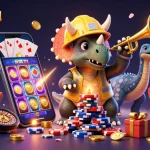 Engage with motphimchill's vibrant casino scene featuring dynamic gaming elements and cartoon dinosaurs.