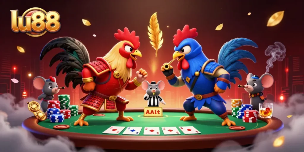 Experience intense action at lu88 with a dramatic showdown between 3D fighting roosters in casino style.