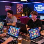 Players enjoying an exciting HWGSLOT gaming experience in a vibrant online casino atmosphere
