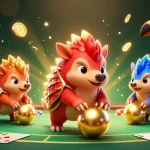 LLWIN pangolins in a vibrant casino scene, rolling poker chips and showcasing game excitement.