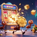 82vn team of cartoon ants carrying a giant poker chip in a vibrant casino heist scene.