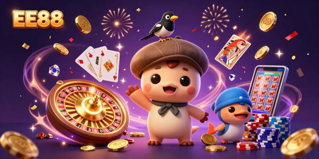 Spin the reels with EE88 for exciting wins in vibrant casino scene full of gems and treasures.