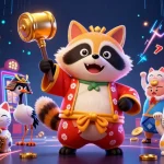 Play and win big at SC88 with vibrant gaming art featuring a cheerful tanuki and colorful slot machines