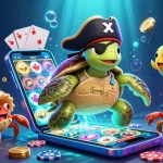 Scopri nuovi casino con un'illustrazione ricca di dettagli che mostra una tartaruga pirata e un granchio in un mondo sottomarino.