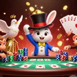 ポーカー オンライン 無料対戦で、ウサギがコインを引き出し、猿がチップを狙う楽しいシーン