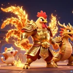 Experience thrilling gameplay at au88 with a fierce rooster warrior and dragon in an epic casino scene.