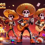 Descubre los mejores casinos en España mientras los muertos celebran con música en un vibrante fondo.