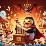 Gioca slot non AAMS con il pinguino fantasma che suona l'organo d'oro in un'illustrazione vibrante.
