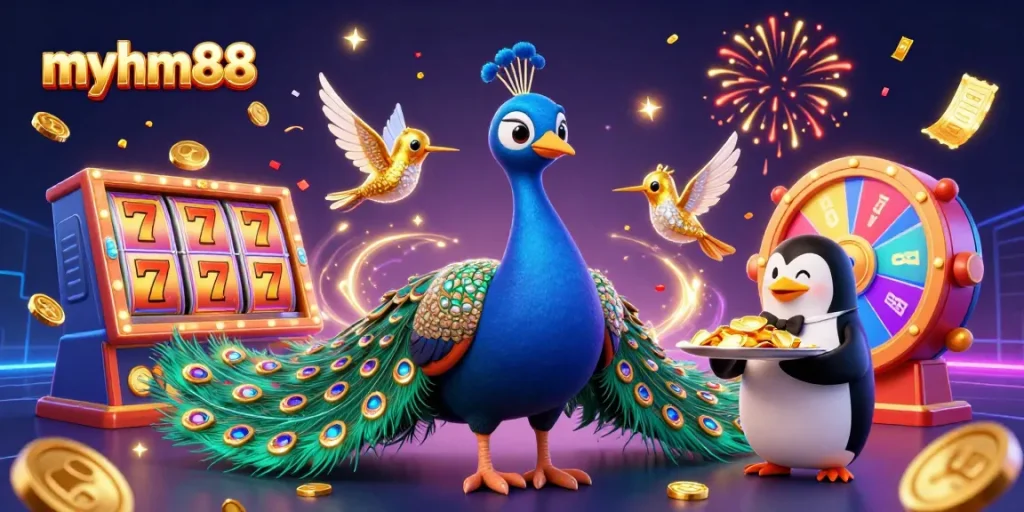 Engage in stunning gameplay with myhm88 featuring vibrant slot reels and festive elements.
