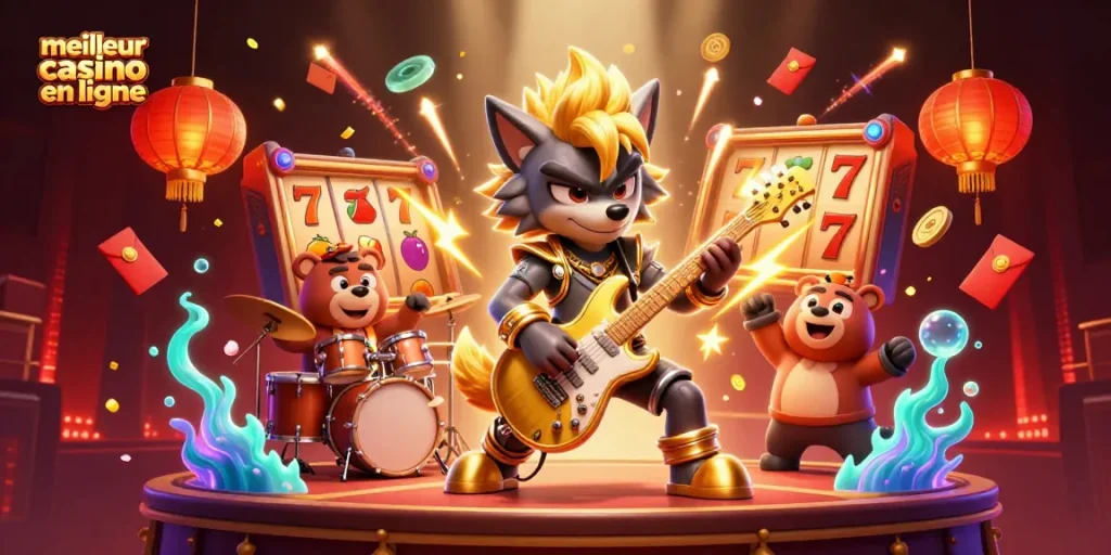 Profitez du meilleur casino en ligne avec un loup rock star et un ours batteur sur scène.