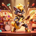 Profitez du meilleur casino en ligne avec un loup rock star et un ours batteur sur scène.
