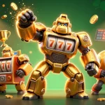Illustration de la marque meilleur casino en ligne avec mech gorille, machines à sous, et pièces d'or.