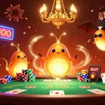 91club players enjoying a lively poker game in a glowing casino cave led by cartoon glowworms.