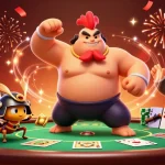 Engage in thrilling gameplay at 566bet with a dynamic scene featuring a powerful rooster and a samurai cricket.