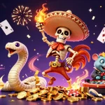 Joue au poker en ligne avec des personnages colorés entourés de jetons et d'effets festifs.