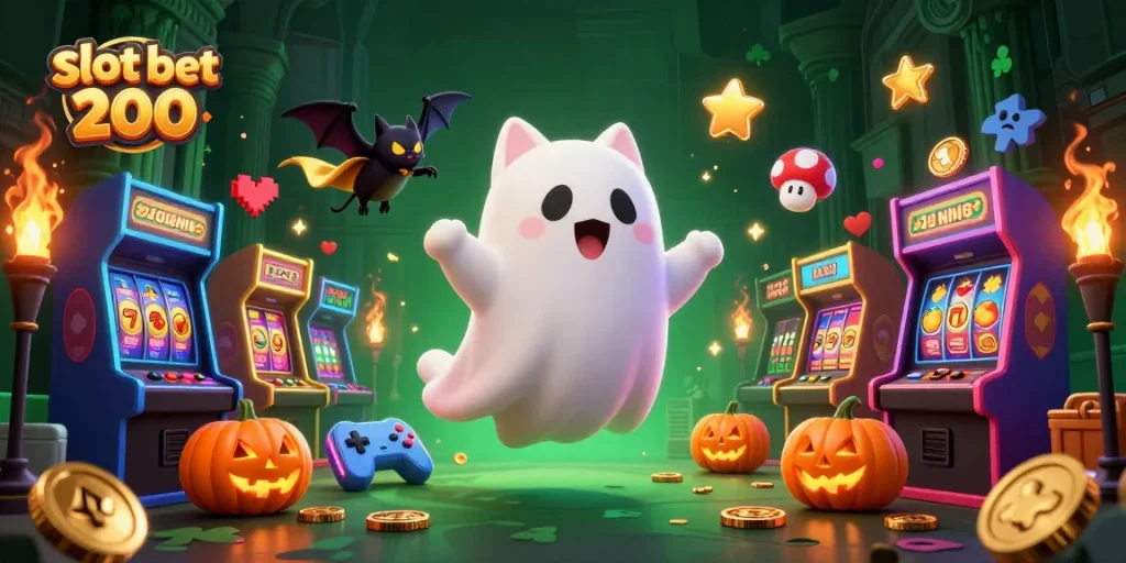 Experience thrilling wins with slot bet 200 in a vibrant haunted casino setting.