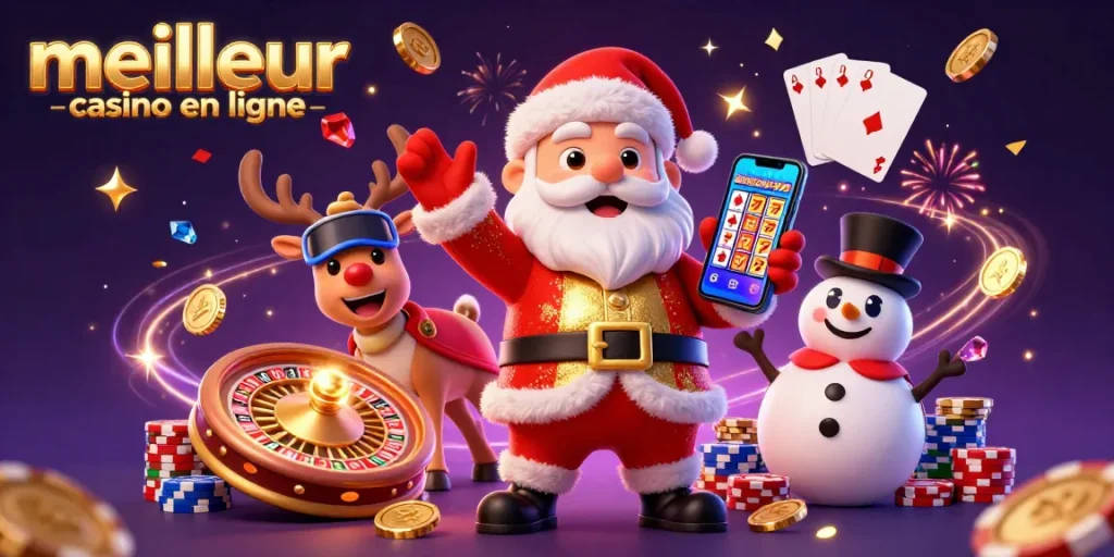Illustration du Père Noël et ses amis dans un casino, jouant au meilleur casino en ligne avec jackpots et gains.