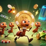Experience thrilling action with 7mcn-themed ants heisting giant poker chips in a vibrant casino adventure.
