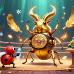 Illustration dynamique représentant un casino en ligne légal en France, montrant un scarabée géant dans un ring de combat avec des éléments de jeu d'argent.