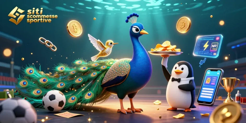 Scommetti sui siti scommesse sportive tra palloni, stadi e trofei con un pavone aristocratico e un pinguino maggiordomo.