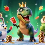 Jouez au casino en ligne France avec un T-Rex distribuant des cartes sous des lumières éclatantes.