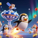 Experience thrilling gameplay at Caswino888 with a golden penguin, jackpot slots, and vibrant visuals.