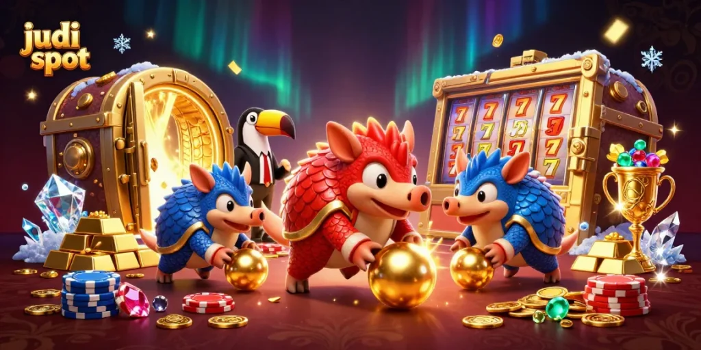 Join thrilling judi slot action with playful pangolins and dazzling treasures in this vibrant casino scene.