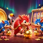 Join thrilling judi slot action with playful pangolins and dazzling treasures in this vibrant casino scene.