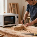 Shashel microwave treatment in a woodworking workshop eliminating wood-boring insects safely.